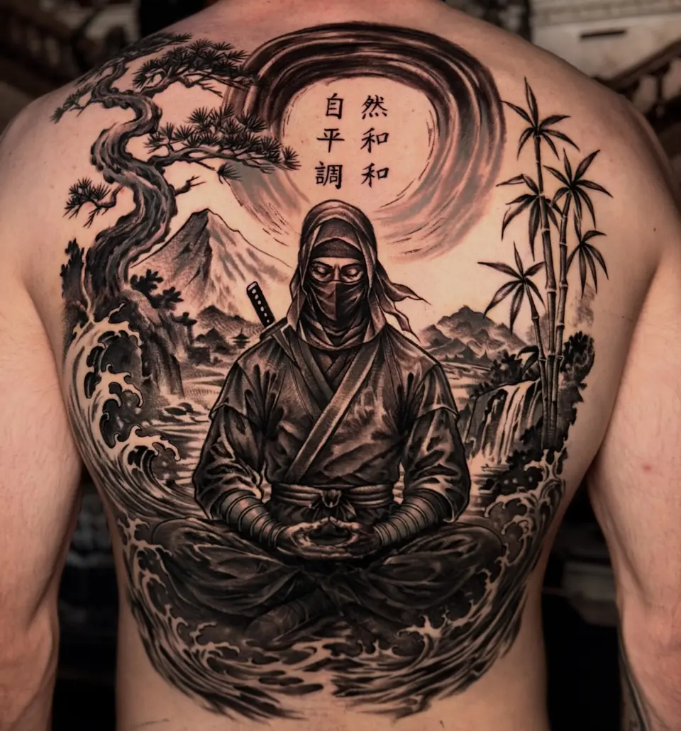 Samurai e paisagem oriental cobrindo as costas inteiras